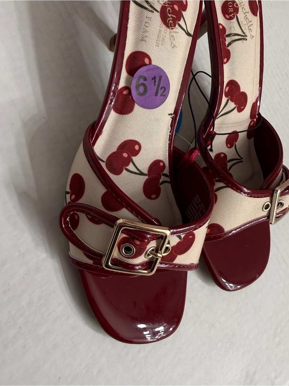 Cherry Print Buckle Kitten Heel Mules Red White - Picture 3 of 4